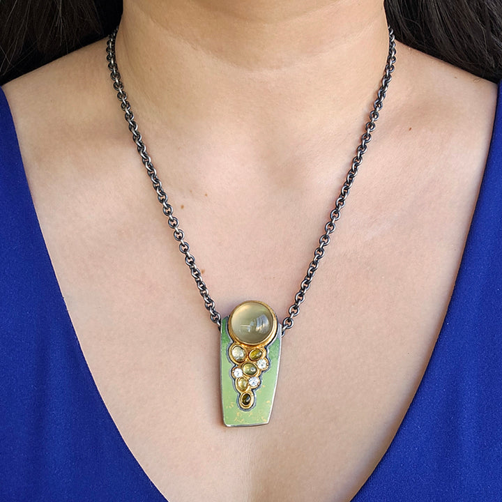 Enamel Moonstone & Zircon Necklace - "Moonlight"