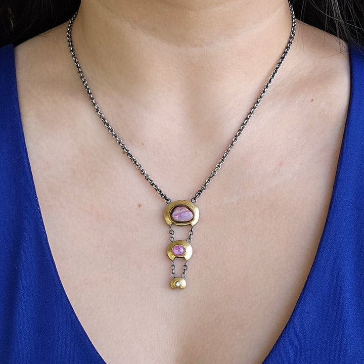 One-of-a-Kind Koroit Opal & Pink Montana Sapphire Cabochon Necklace - "Trapeze"