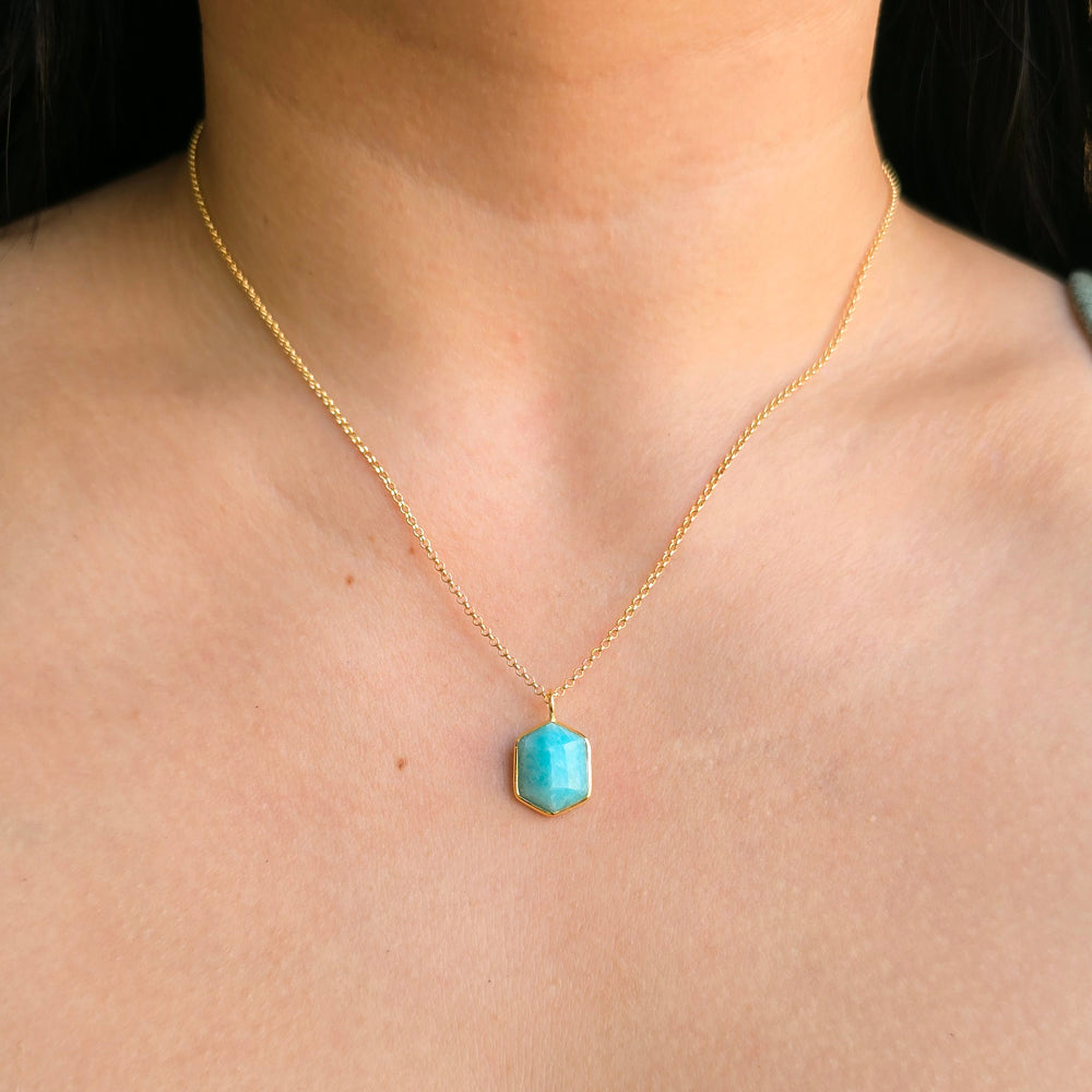 Blue Amazonite Vermeil Hexagon Pendant Necklace - "Geo"