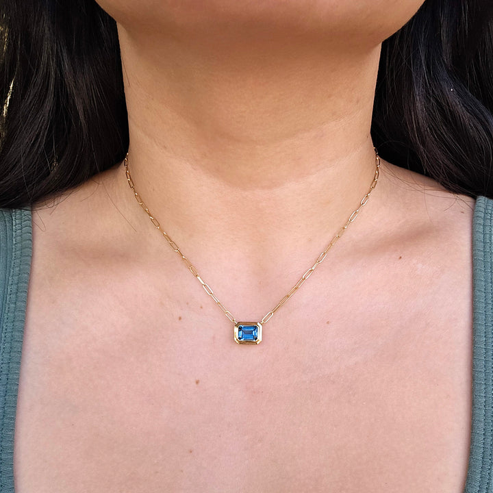 Emerald-Cut Blue Topaz Paperclip Necklace - "Manhattan"