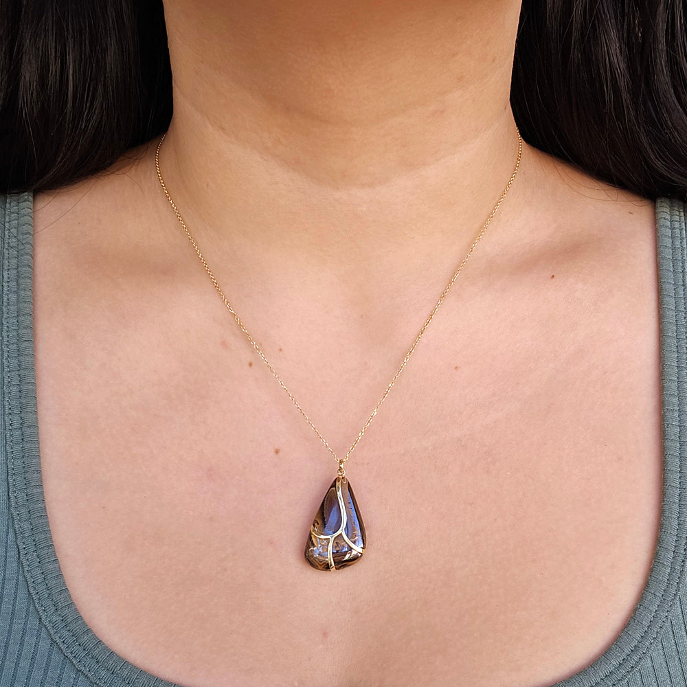 One-of-a-Kind Koroit Nut Opal & Gold Necklace - "Butterfly Wing"