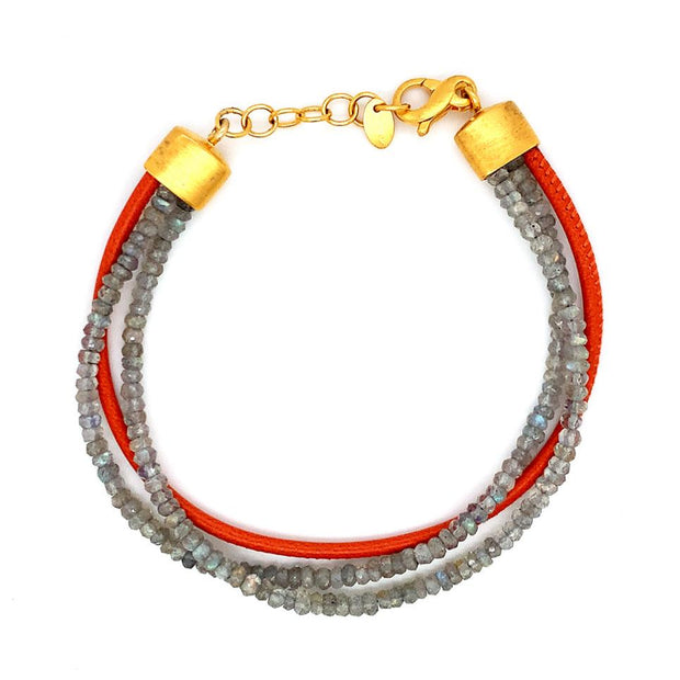 24K Gold Vermeil Labradorite & Orange Leather Beaded Bracelet - "