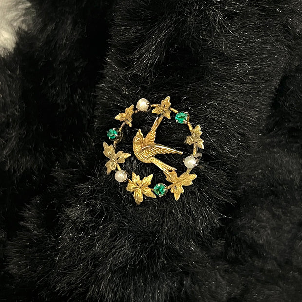 Yellow Gold & Pearl Wreath Brooch - "Sparrow"