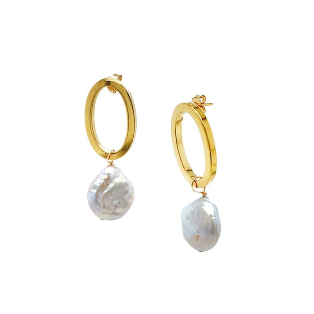 Yellow Gold Vermeil & Keishi Pearl Drop Oval Earrings - "Georgie"