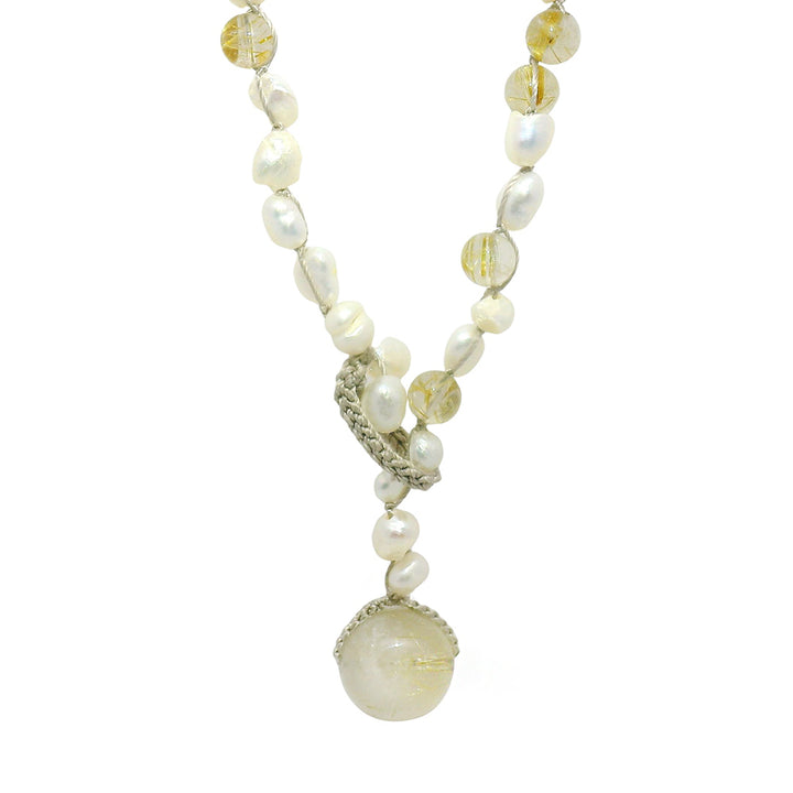 Rutilated Quartz & Freshwater Pearl Silk Necklace - "Radiance"