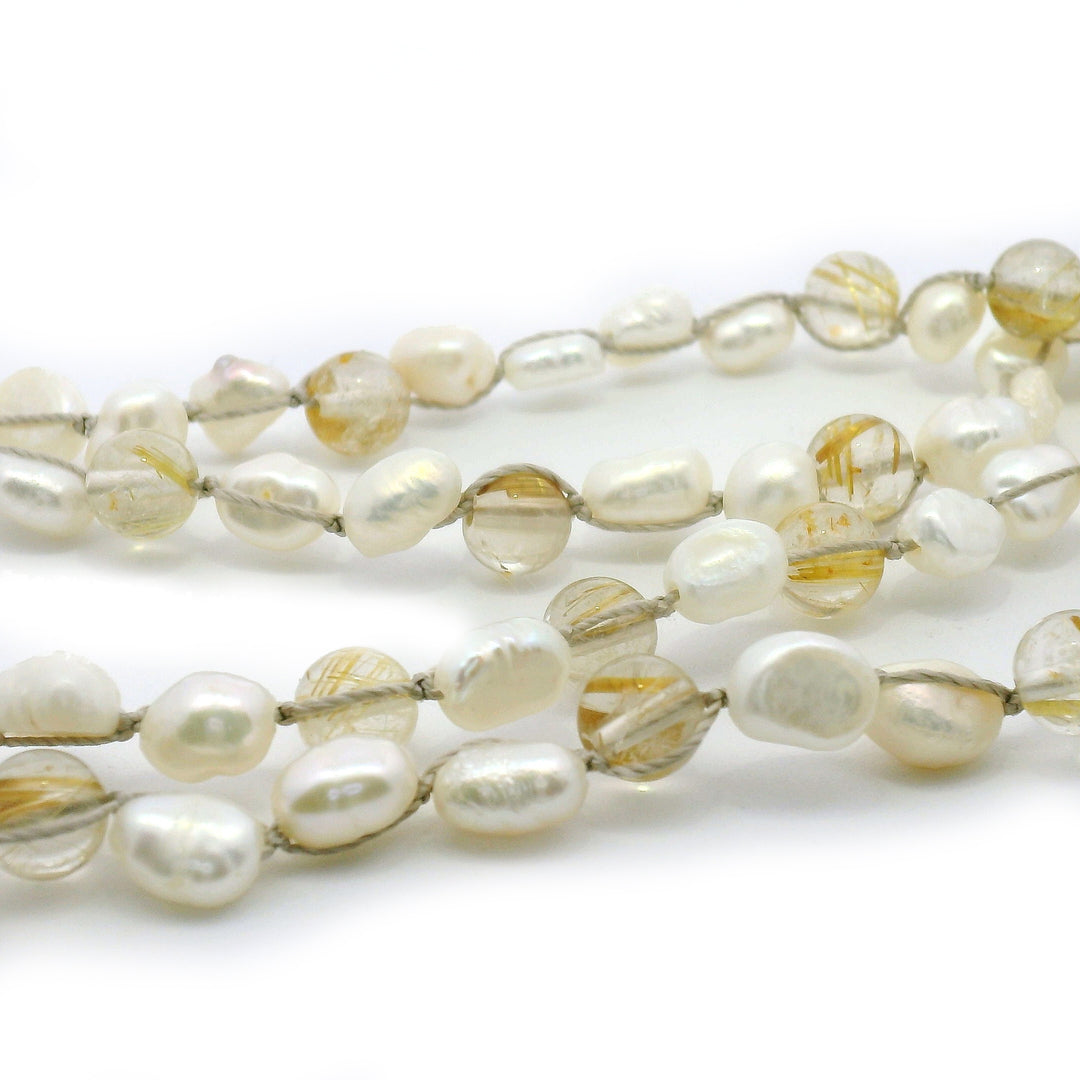 Rutilated Quartz & Freshwater Pearl Silk Necklace - "Radiance"