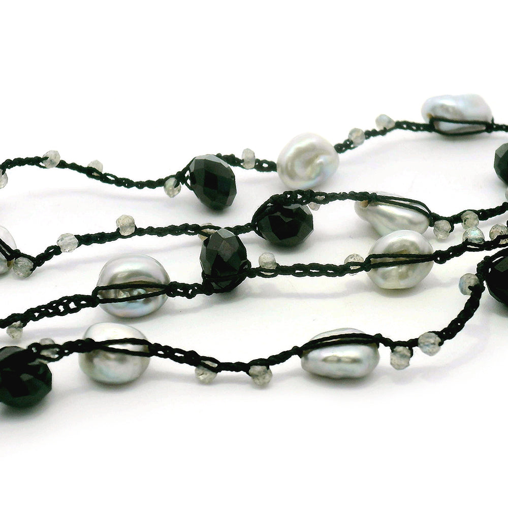 Labradorite, Black Spinel & Freshwater Pearl Silk Necklace - "Twilight Veil"