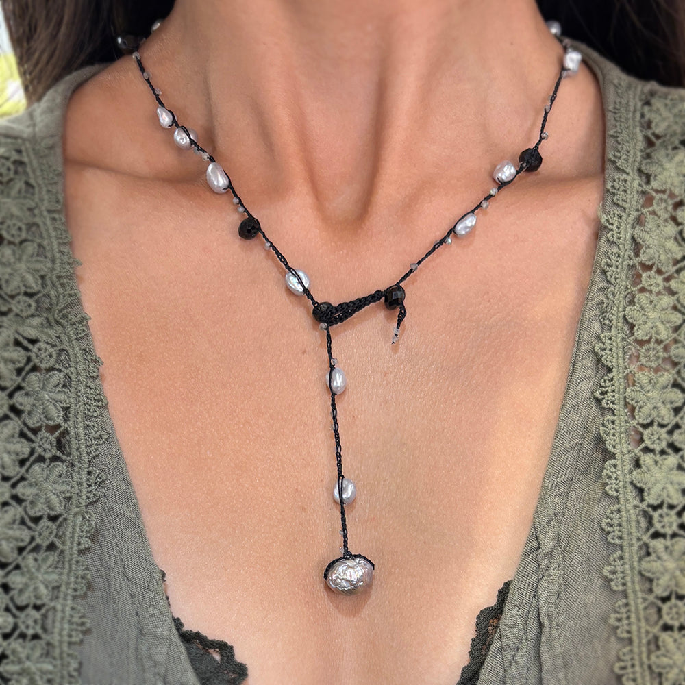Labradorite, Black Spinel & Freshwater Pearl Silk Necklace - "Twilight Veil"