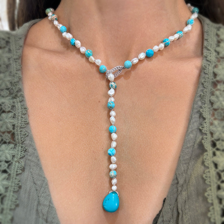 Turquoise, Jasper, & Freshwater Pearl Necklace - "Shoreline"