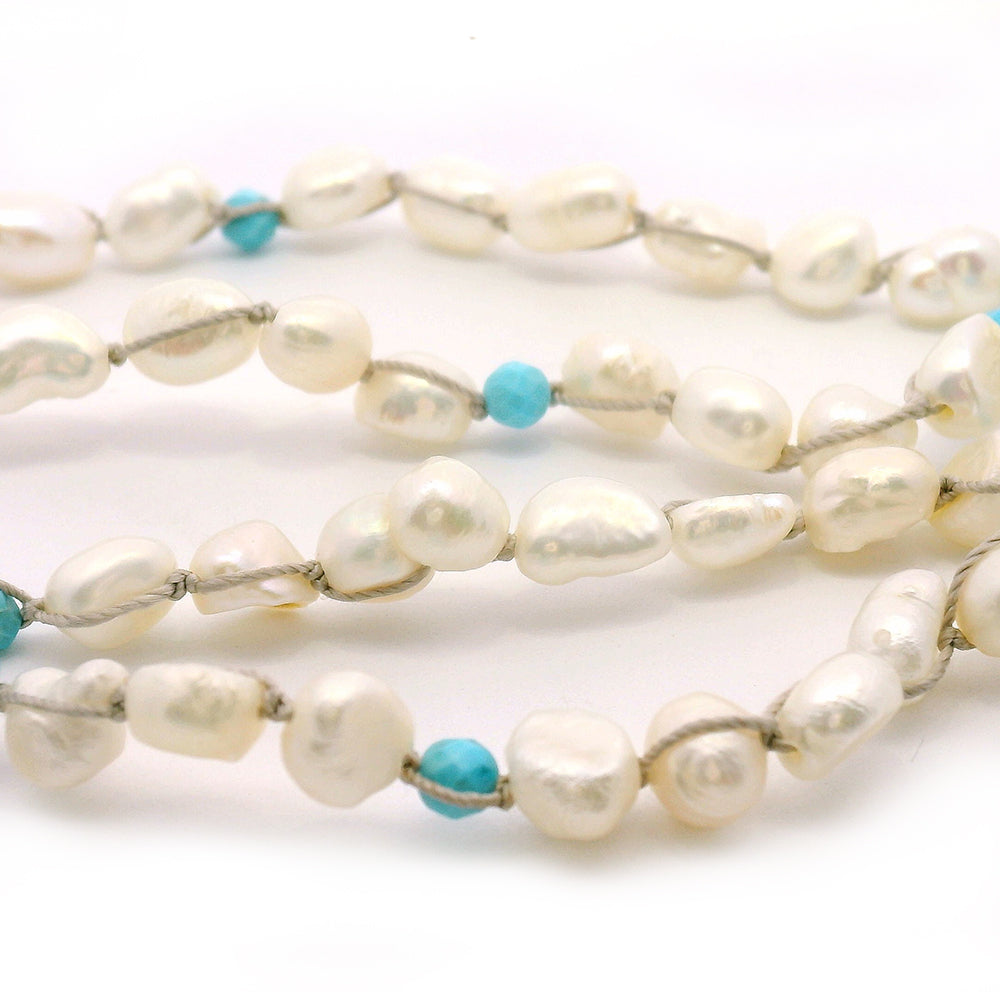 Turquoisei & White Pearl Crocheted Necklace - "Low Tide"