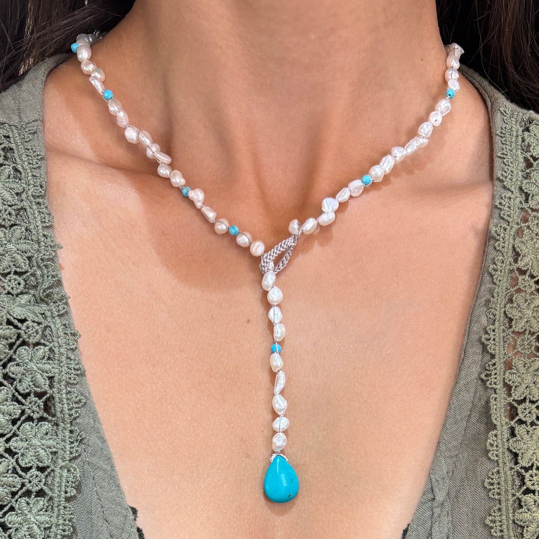 Turquoisei & White Pearl Crocheted Necklace - "Low Tide"