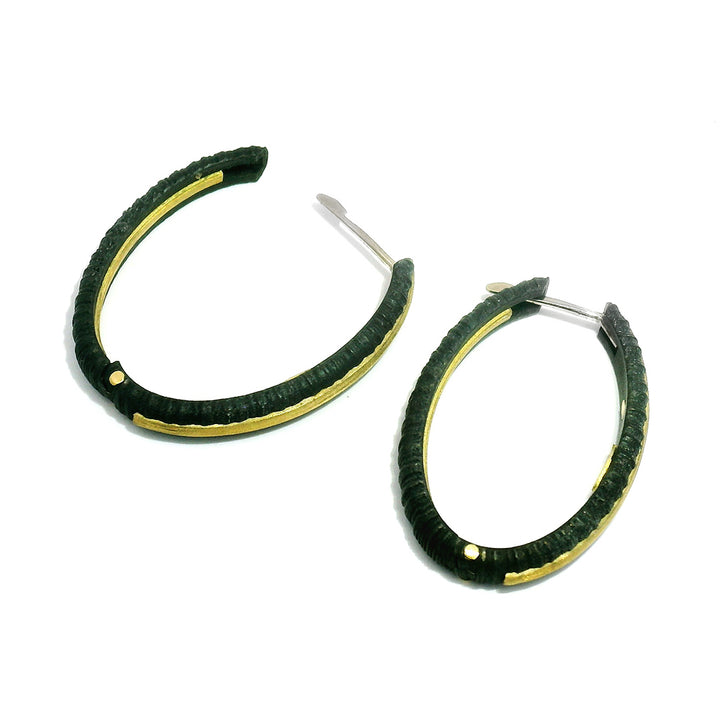 Yellow Gold & Blackened Cobalt Chrome Oval Hoops - "Ridge"