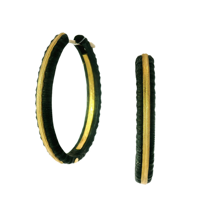 Yellow Gold & Blackened Cobalt Chrome Oval Hoops - "Ridge"