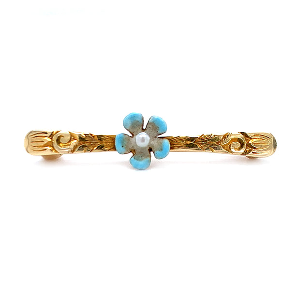 Yellow Gold, Enamel, and Pearl Pin - "Springing Blue"