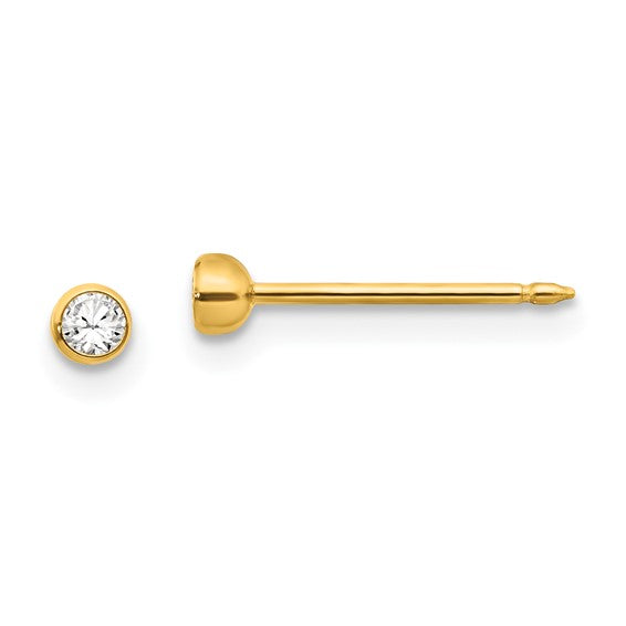 "Small Yellow Bezel" Piercing Studs with 3mm White CZs in 14K Yellow Gold