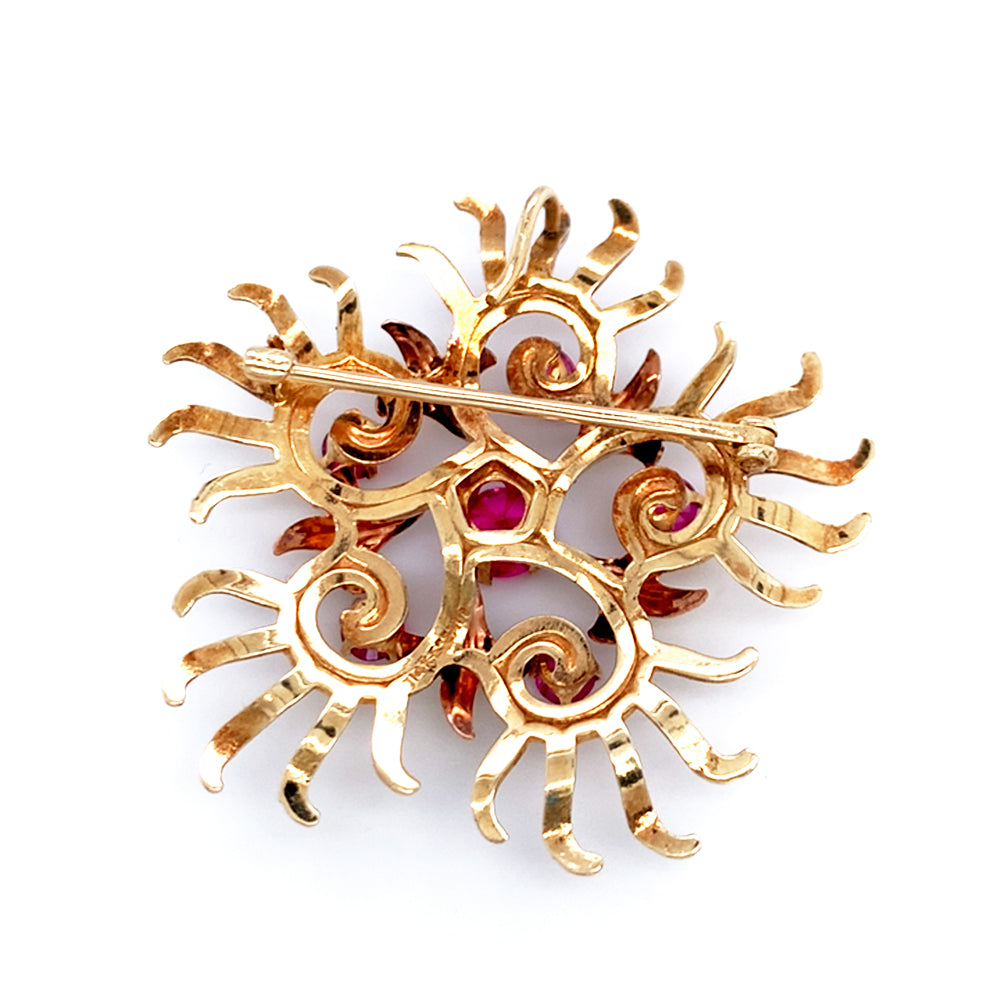 Yellow Gold & Red Stone Brooch - "Starburst"