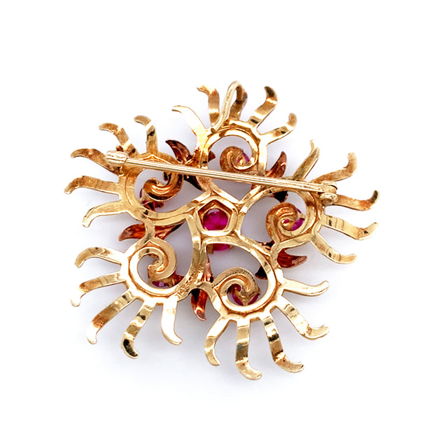 Yellow Gold & Red Stone Brooch - "Starburst"