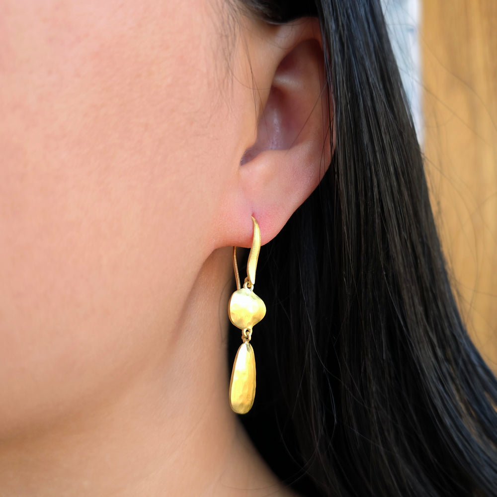Gold Vermeil Hammered-Finish Drop Earrings - "Essential Petal"
