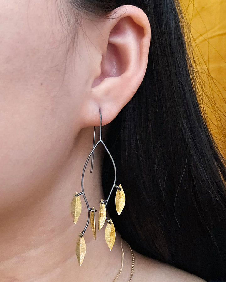 Blackened Sterling Silver & Gold Vermeil Drop Earrings - "Raining Leaf"