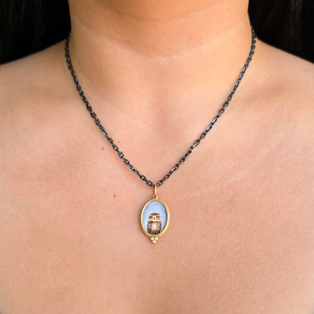Vitreous Enamel Diamond Pendant - "Baby Hoot Owl"