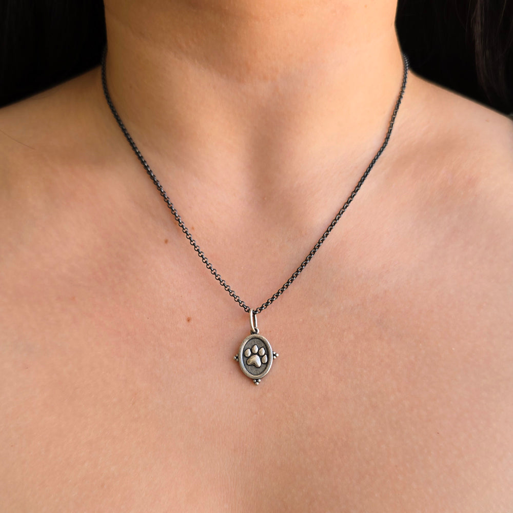 Sterling Silver Paw Print Charm Pendant - "Amor"