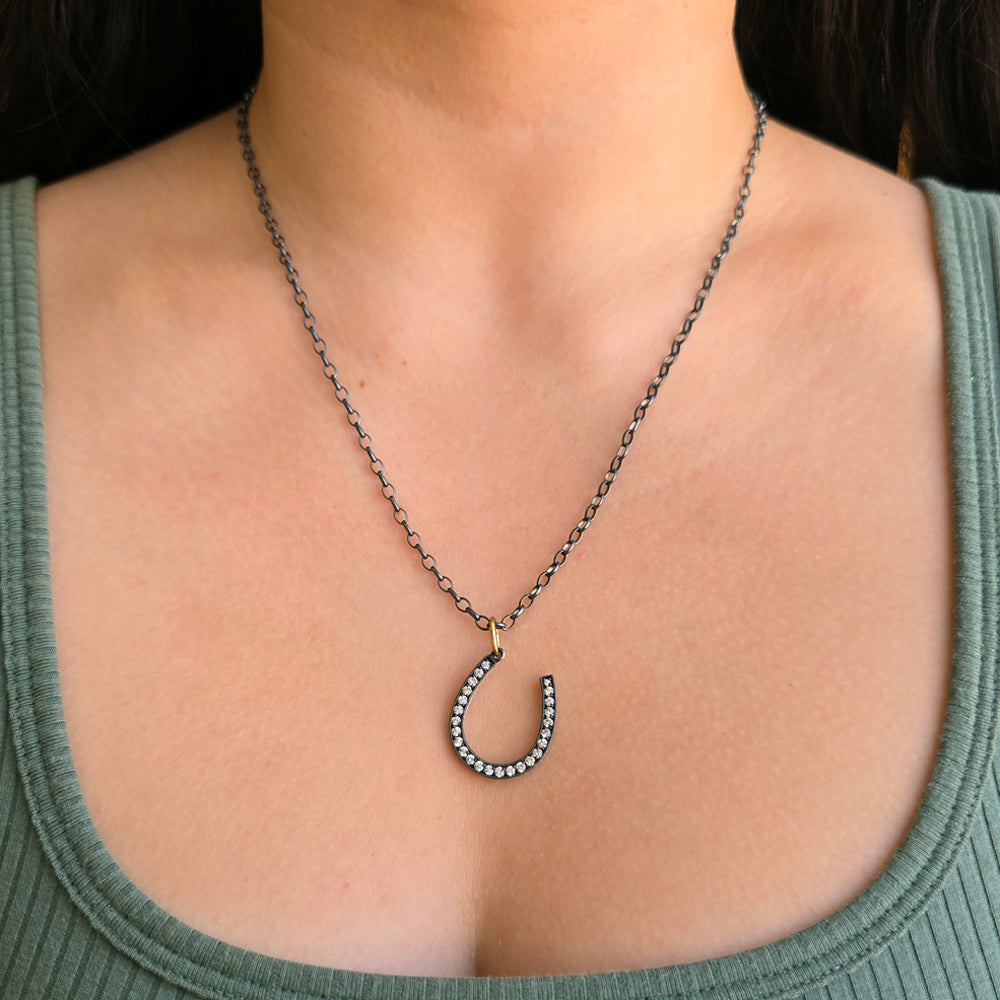 Diamond Horseshoe Pendant in Oxidized Silver & 14K Gold