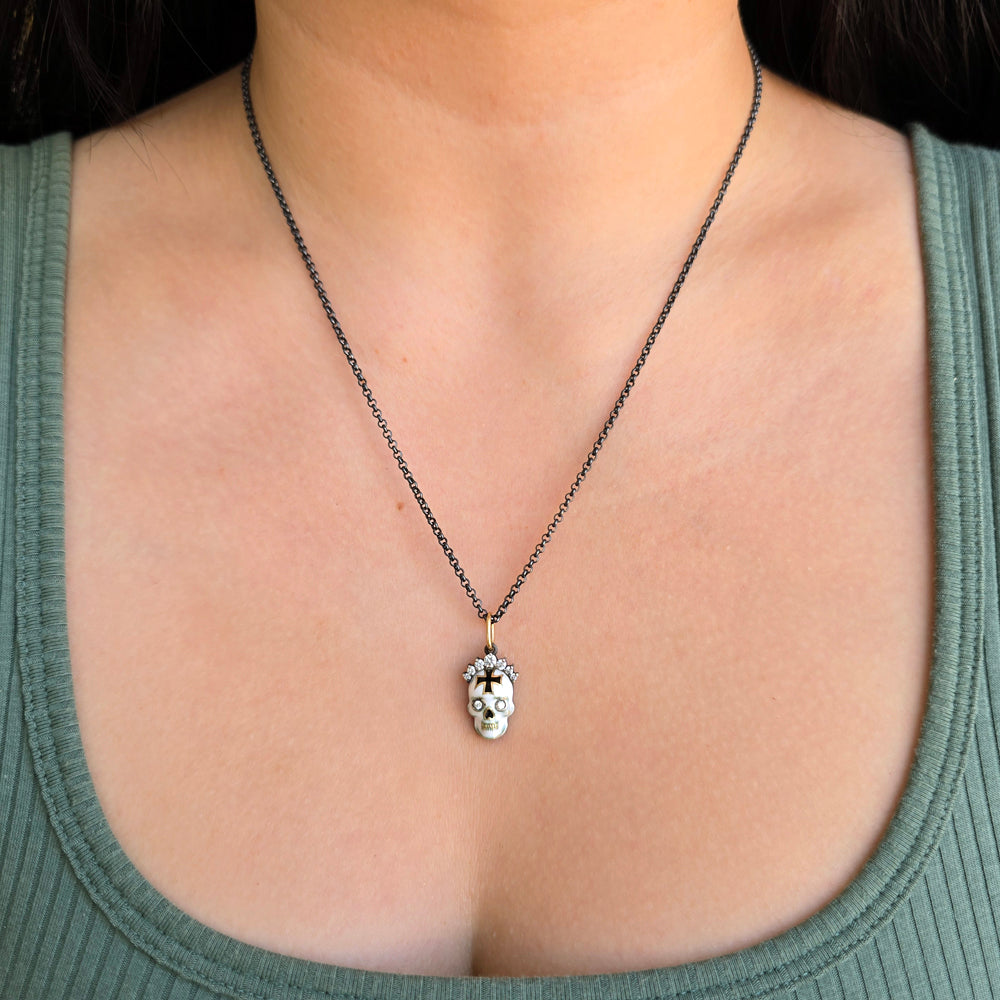 Handcrafted Skull Pendant Necklace with Diamond Tiara - "Corona Memento"