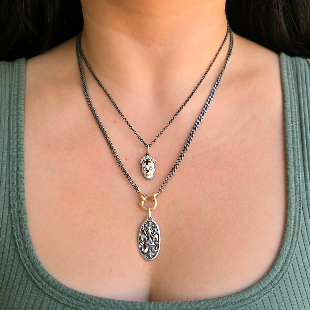 Handcrafted Skull Pendant Necklace with Diamond Tiara - "Corona Memento"