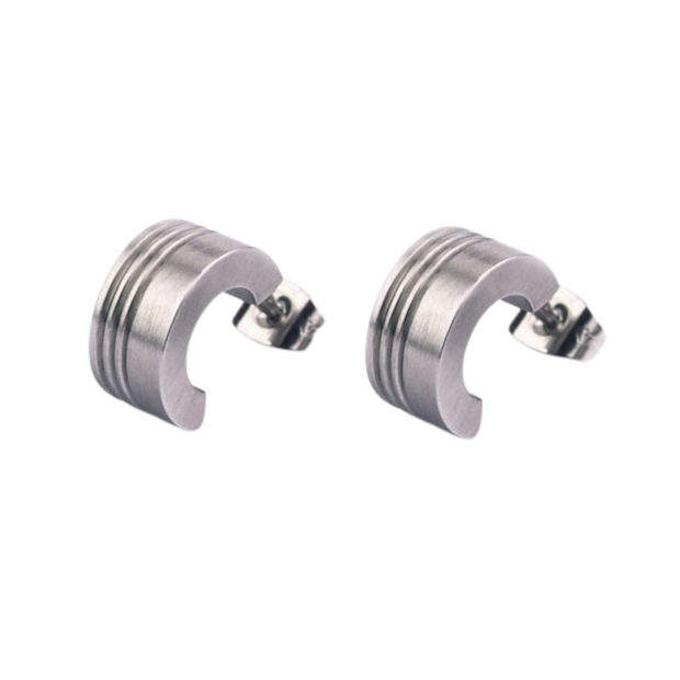 Wide Stainless Steel Earrings "Semi-Curve Studs With Grooves"