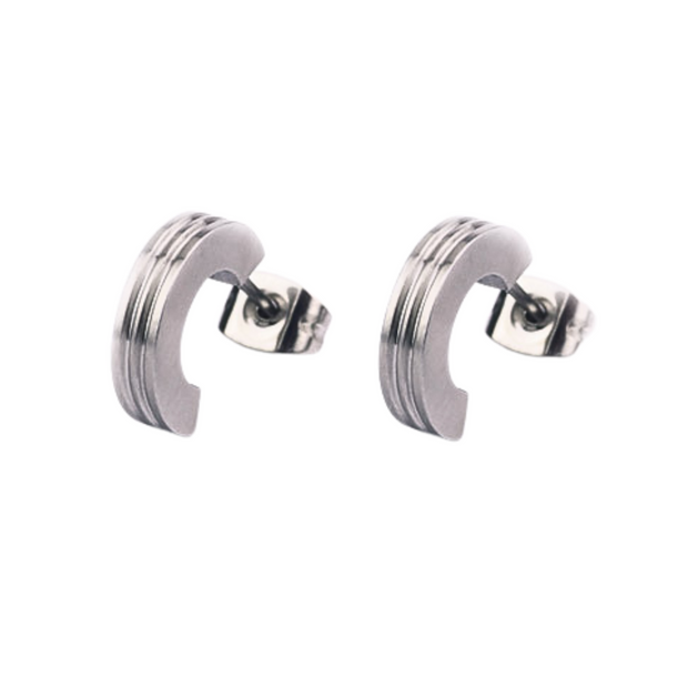 Narrow Edged Stainless Steel Earrings "Semi-Arc Studs with Grooves"