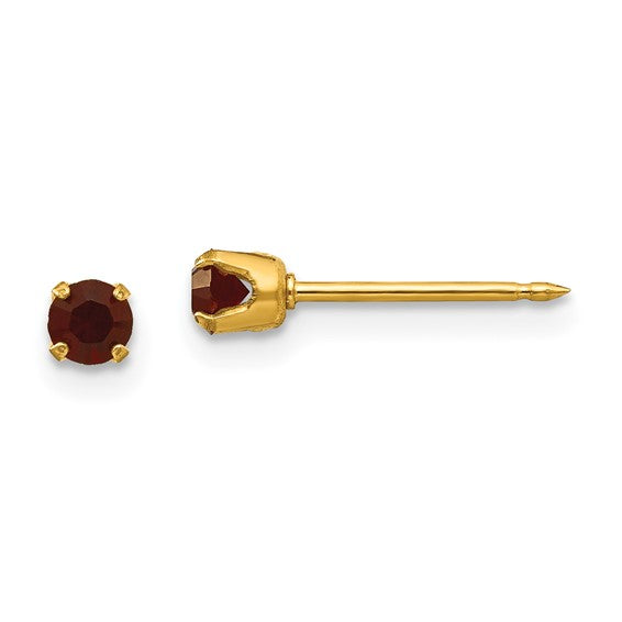 "January" Deep Red Crystal Piercing Studs in 14K Yellow Gold