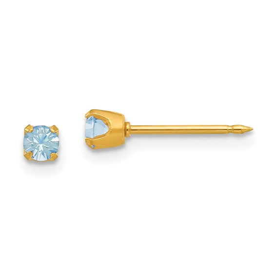 "March" Light Blue Crystal Piercing Studs in 14K Yellow Gold