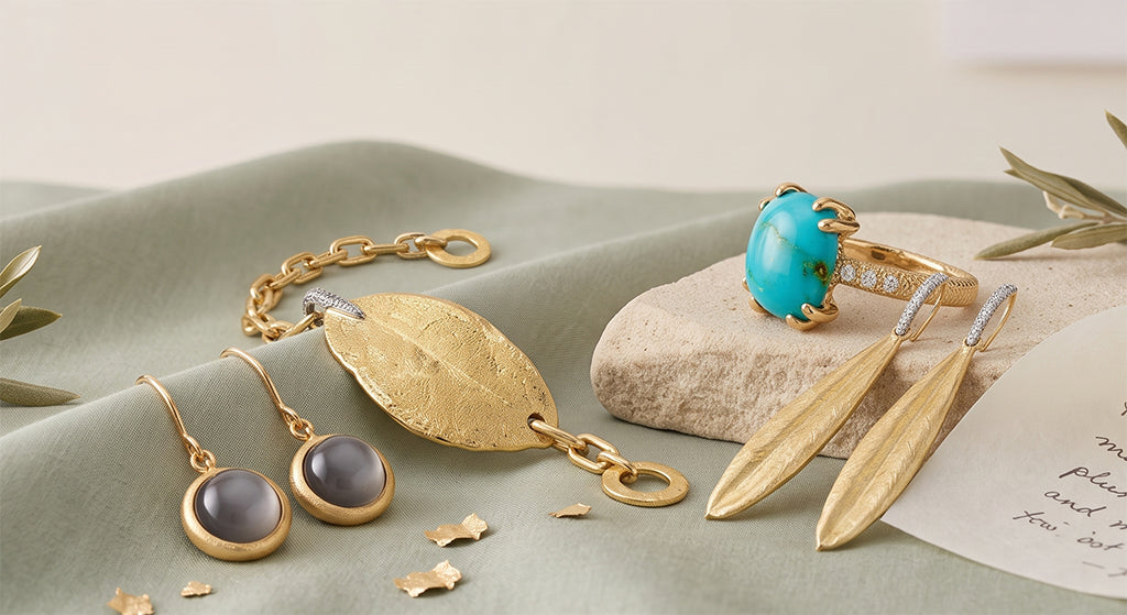 A styled Aaron Henry jewelry flat-lay featuring a gold bracelet with a textured leaf pendant, a gold ring with a turquoise cabochon stone, and matching gold leaf-shaped drop earrings, arranged on a sage green fabric backdrop with a stone and paper accents. 