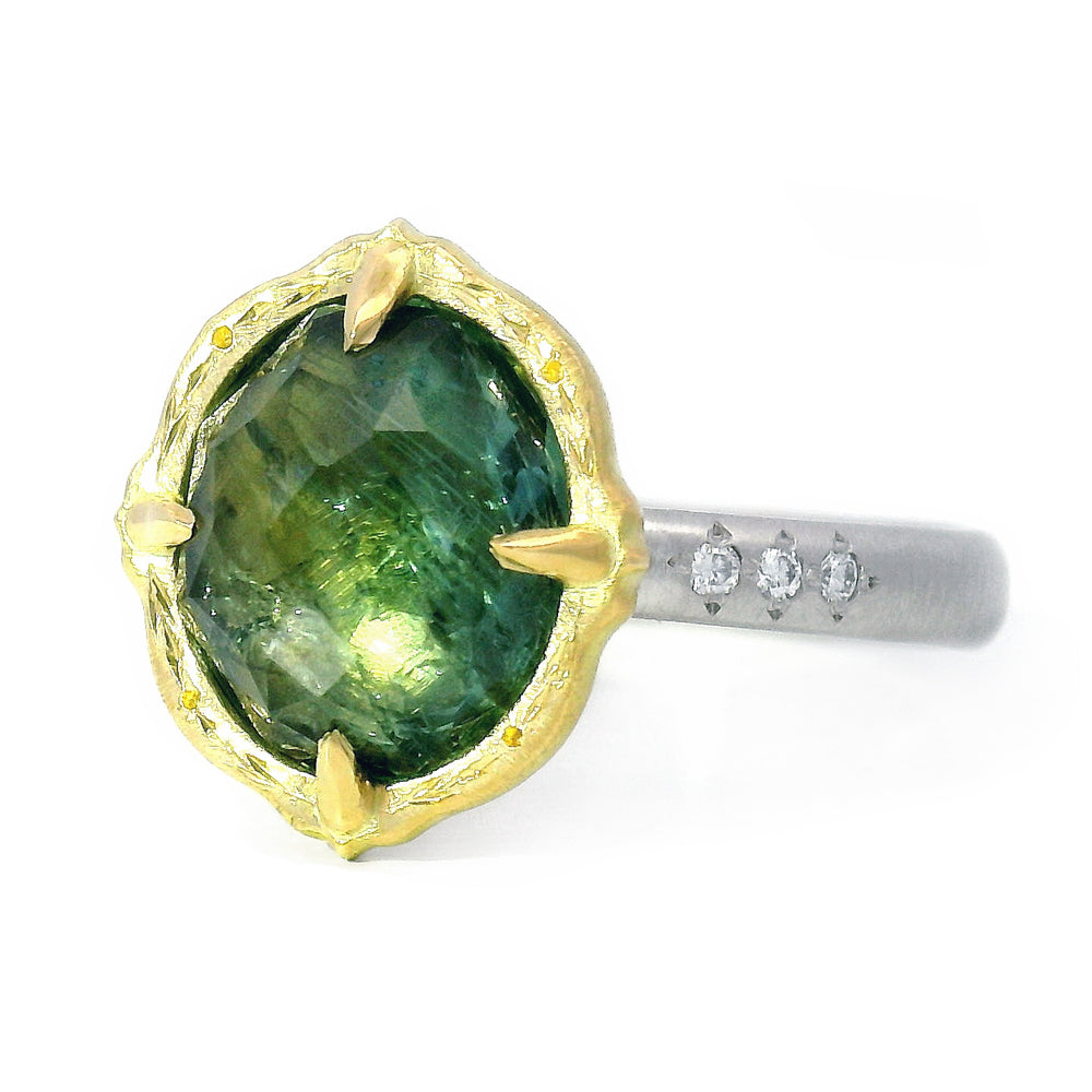 Oval Bi-Color Green & Pale Yellow Montana Sapphire Ring -"Lotus"