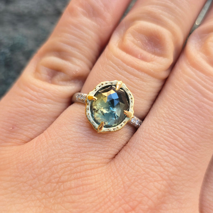 Oval Bi-Color Green & Pale Yellow Montana Sapphire Ring -"Lotus"