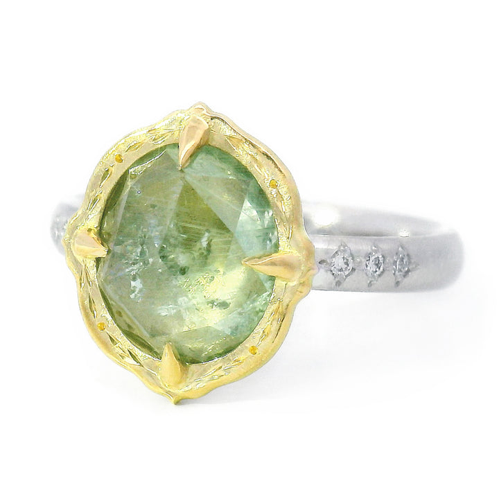 Rose Cut Light Spring Green Montana Sapphire Ring - "Lotus"