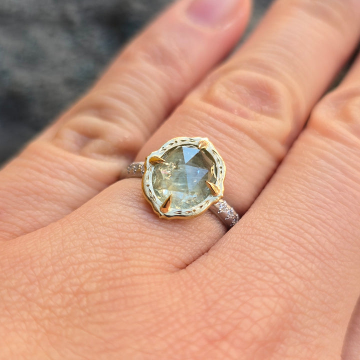 Rose Cut Light Spring Green Montana Sapphire Ring - "Lotus"