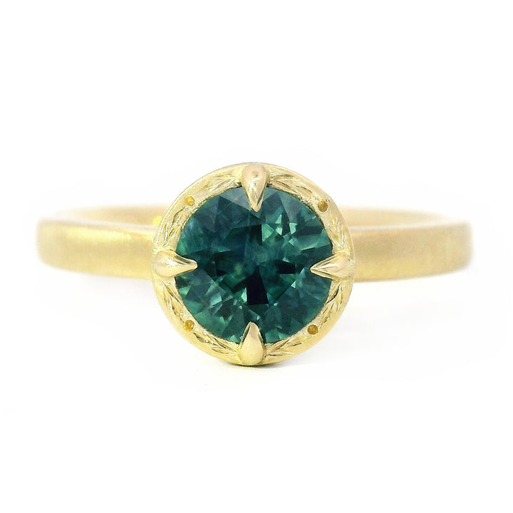 Round Deep Green-Blue Montana Sapphire Ring - "Rosebud"