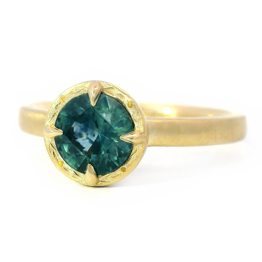 Round Deep Green-Blue Montana Sapphire Ring - "Rosebud"