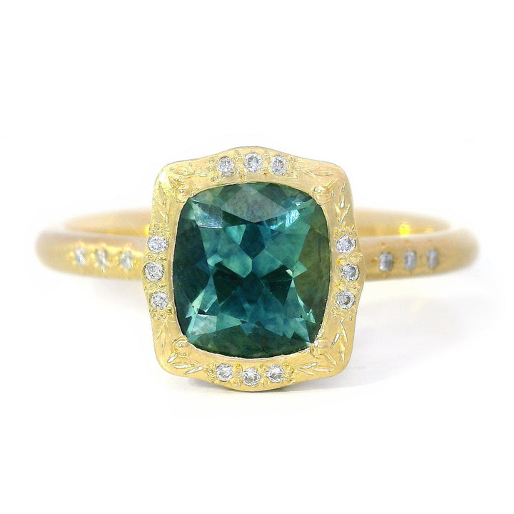 Cushion Shaped Green-Blue Montana Sapphire Ring - "Lunaris"
