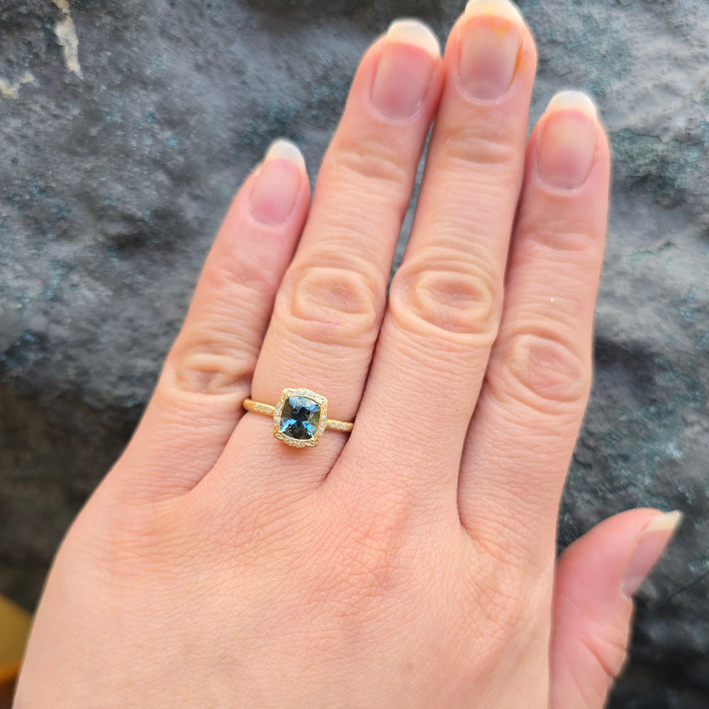 Cushion Shaped Green-Blue Montana Sapphire Ring - "Lunaris"