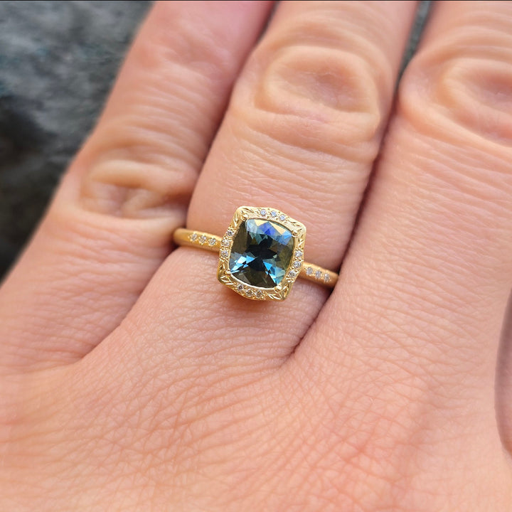 Cushion Shaped Green-Blue Montana Sapphire Ring - "Lunaris"