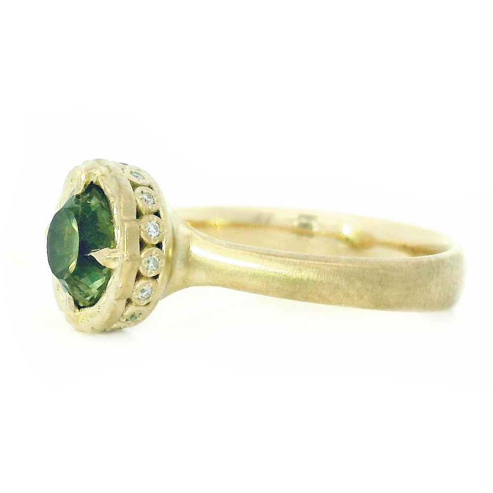 Green Montana Sapphire & Diamond Engagement Ring - "Eye of the Jungle"