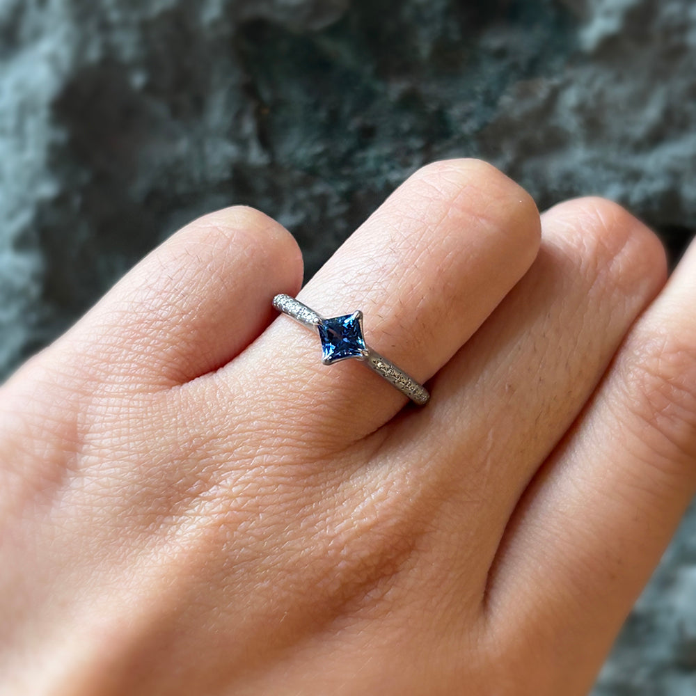 Princess-Cut Yogo Sapphire & Diamond Ring - "Winter Rosebud"
