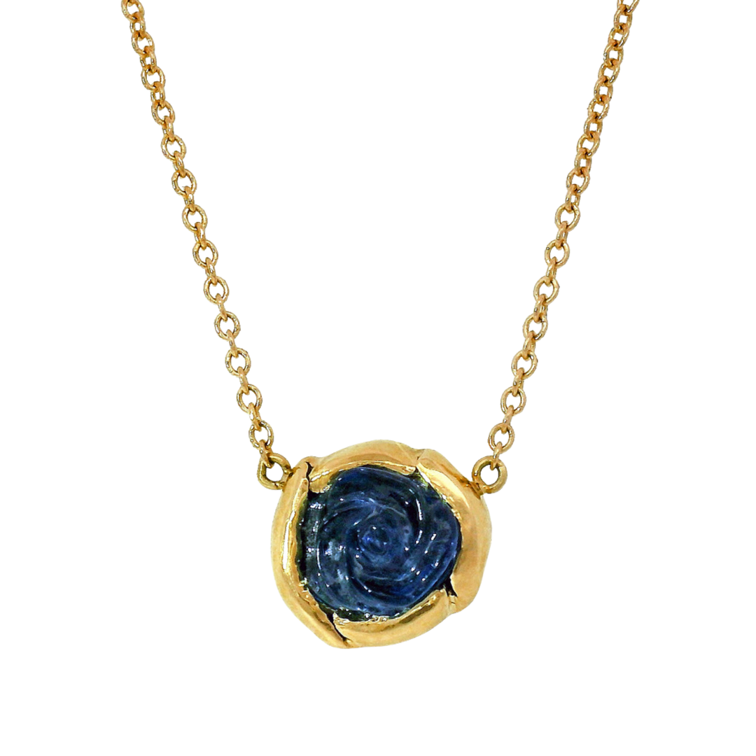 Carved Rose Yogo Sapphire & Yellow Gold Necklace - "Bloom"