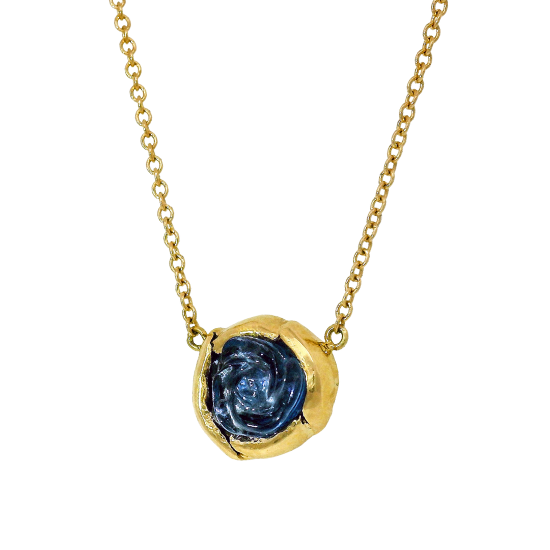 Carved Rose Yogo Sapphire & Yellow Gold Necklace - "Bloom"