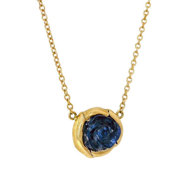Carved Rose Yogo Sapphire & Yellow Gold Necklace - "Bloom"