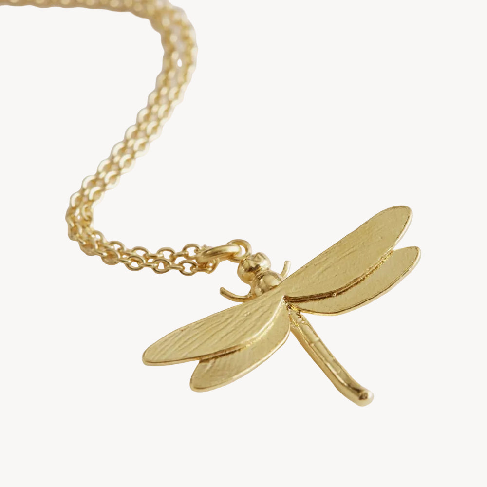 Sculptural dragonfly necklace with detailed wings and adjustable chain