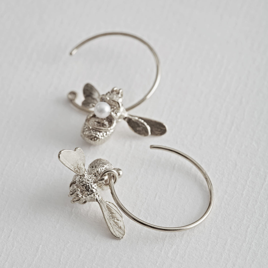 Sterling Silver & Pearl Hoop Earrings -"Flying Bee"