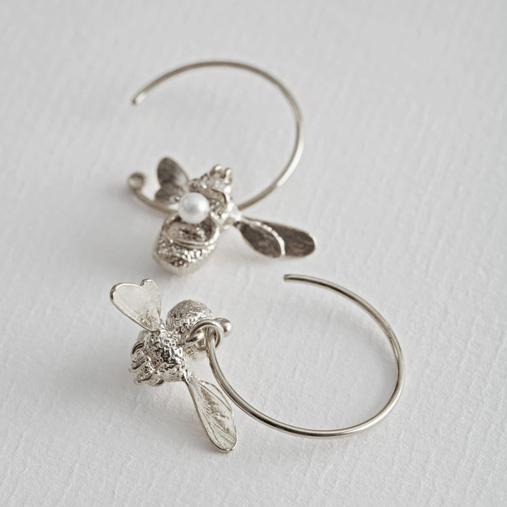 Sterling Silver & Pearl Hoop Earrings -"Flying Bee"